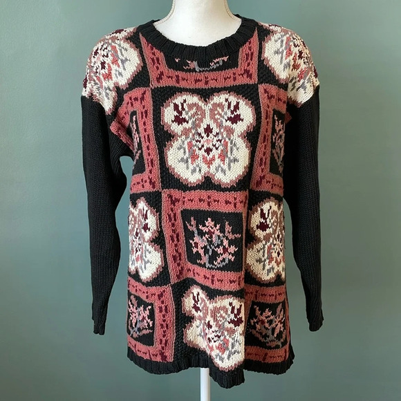 Vintage Rachel Max Cotton Floral Sweater Cottage Medium Shoulder Pads - Picture 1 of 4